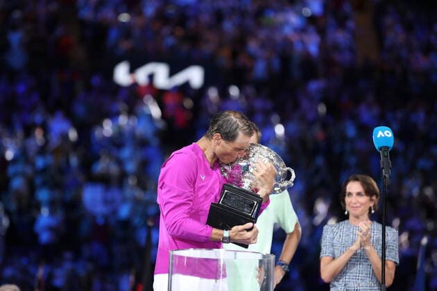 (220130) --MELBOURNE, Jan. 30, 2022 -- Rafael Nadal of Spain celebrates with his trophy during the awarding ceremony after winning the men s singles final match between Rafael Nadal of Spain and Daniil Medvedev of Russia at Australian Open in Melbourne Park, in Melbourne, Australia, on Jan. 30, 2022. ) (SP)AUSTRALIA-MELBOURNE-TENNIS-AUSTRALIAN OPEN-MEN S SINGLES-FINALS BaixXuefei 