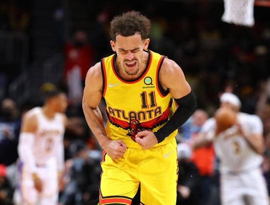 January 30, 2022, Atlanta, GA, USA: Atlanta Hawks guard Trae Young reacts to hitting a three-pointer against the Los Angeles Lakers to take a 121-116 lead during the 4th period of an NBA, Basketball Herren, USA basketball game on Sunday, Jan. 30, 2022, in Atlanta. The Hawks came from behind in the 4th period to beat the Lakers 129-121. Atlanta USA - ZUMAm67_ 0149412441st Copyright: xCurtisxComptonx