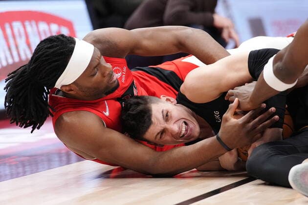 February 1, 2022, TORONTO, ON, CANADA: Miami Heat guard Tyler Herro (14) and Toronto Raptors forward Precious Achiuwa (5) battle for the ball during second half NBA, Basketball Herren, USA basketball action in Toronto on Tuesday, February 1, 2022. Canada News - February 1, 2022  - ZUMAc35_ 20220201_zaf_c35_106 Copyright: xNathanxDenettex