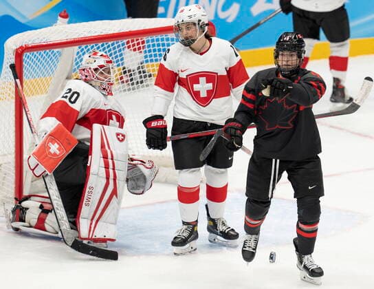 February 3, 2022, Beijing, China: Team Canada forward Blayre Turnbull (40) reacts after scoring as Team Switzerland goalkeeper Andrea Braendli (20) and Nicole Vallario (16) look on during third period women s Ice hockey, Eishockey action Thursday, February 3, 2022 at the 2022 Winter Olympics in Beijing. Blayre Turnbull, Andrea Braendli, Nicole Vallario  - ZUMAc35_ 20220203_zaf_c35_027 Copyright: xRyanxRemiorzx
