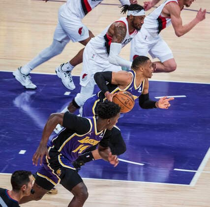 February 2, 2022, Los Angeles, California, USA: Russell Westbrook 0 of the Los Angeles Lakers drives down court during their NBA, Basketball Herren, USA game against the Portland Trailblazers on Wednesday February 2, 2022 at Crypto.com Arena in Los Angeles, California. Lakers defeat Trailblazers, 99-94. PI Los Angeles USA - ZUMAp124 20220202_zaa_p124_030 Copyright: xJAVIERxROJASx