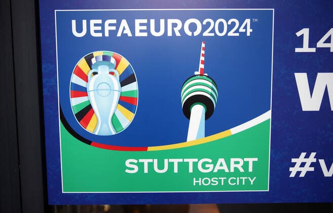 01.02.22 UEFA EURO, EM, Europameisterschaft,Fussball Week Stuttgart Deutschland, Stuttgart, 01.02.2022, Fussball, UEFA Euro 2024 Week in Stuttgart: Feature Logo Schriftzug Euro 2023 Stuttgart Host City.