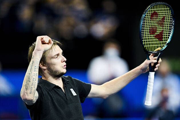 joie de Alexander Bublik (Kaz) TENNIS : Open Sud de France 2022 - Montpellier - 04 02 2022 JBAutissier Panoramic 