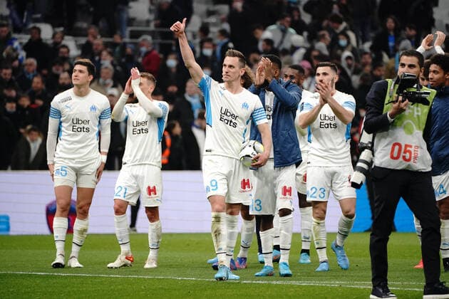 Fußball, Olympique Marseille - SCO Angers Fin de match - joie Marseille - Arkadiusz Milik (Olympique de Marseille) FOOTBALL : Olympique de Marseille vs SCO Angers - Ligue 1 Uber Eats - Marseille - 04 02 2022 NorbertScanella Panoramic 