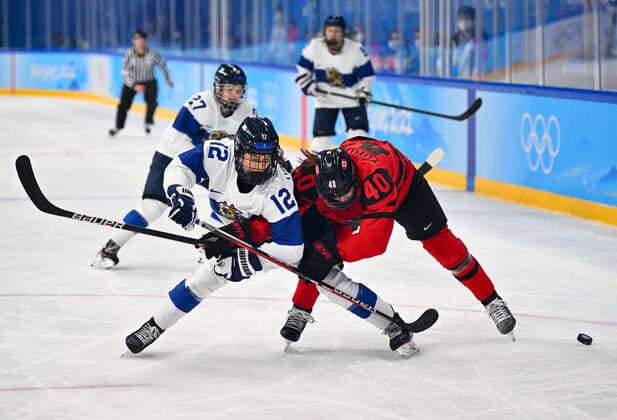 (220205) -- BEIJING, Feb. 5, 2022 -- Blayre Turnbull (R) of Canada vies with Sanni Vanhanen of Finland during the Ice hockey, Eishockey women s preliminary round group A match between Canada and Finland at Wukesong Sports Centre in Beijing, capital of China, Feb. 5, 2022. ) (BEIJING2022)CHINA-BEIJING-OLYMPIC Winter games, Winterspiele,Spiele, Summer games ICE HOCKEY-WOMEN S PRELIMINARY-CANADA VS FINLAND SongxYanhua 