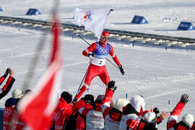 Beijing 2022 Winter Olympics, Zhangjiakou National Cross Country Skiing Centre, Zhangjiakou, China 6 2 2022 Cross Country Skiing Men™s 15km + 15km Skiathlon Russian Olympic Committee™s Alexander Bolshunov celebrates winning the race Alexander Bolshunov celebrates winning the race 6 2 2022  Copyright: x INPHO BryanxKeanex INP11441