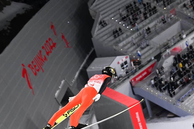 (220206) -- ZHANGJIAKOU, Feb. 6, 2022 -- Simon Ammann of Switzerland competes during Ski jumping, Skispringen, Ski, nordisch Men s Normal Hill Individual 1st Round at the National Ski Jumping Centre in Zhangjiakou, north China s Hebei Province, Feb. 6, 2022. ) (BEIJING2022) CHINA-ZHANGJIAKOU-OLYMPIC Winter games, Winterspiele,Spiele, Summer games SKI JUMPING (CN) FengxKaihua 