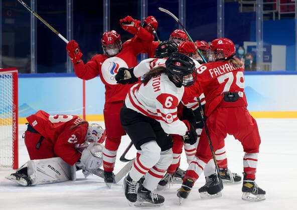 BEIJING, CHINA - FEBRUARY 7, 2022: Players of the ROC Team and Canada are in action in their women s Group A Ice hockey, Eishockey match at the 2022 Winter Olympic Games, Olympische Spiele, Olympia, OS at the Wukesong Sports Centre. Anton Novoderezhkin TASS  TS121B02