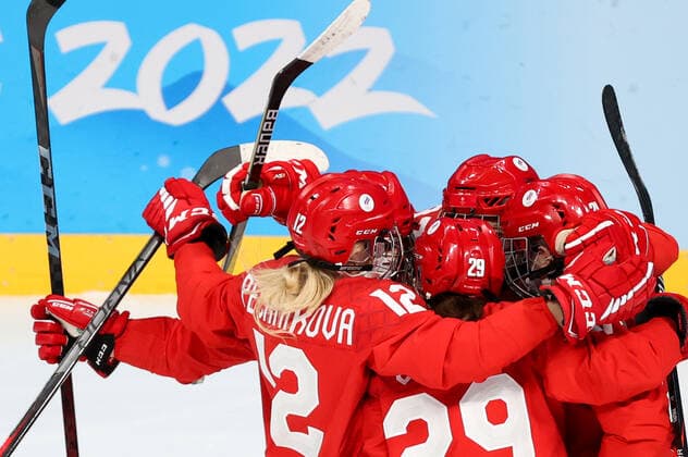 BEIJING, CHINA - FEBRUARY 7, 2022: Players of the ROC Team celebrate scoring in a women s Group A Ice hockey, Eishockey match against Canada at the 2022 Winter Olympic Games, Olympische Spiele, Olympia, OS at the Wukesong Sports Centre. Anton Novoderezhkin TASS  TS121B35
