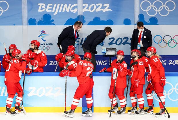 BEIJING, CHINA - FEBRUARY 7, 2022: Players of the ROC Team are seen during a women s Group A Ice hockey, Eishockey match against Canada at the 2022 Winter Olympic Games, Olympische Spiele, Olympia, OS at the Wukesong Sports Centre. Anton Novoderezhkin TASS  TS121B4E