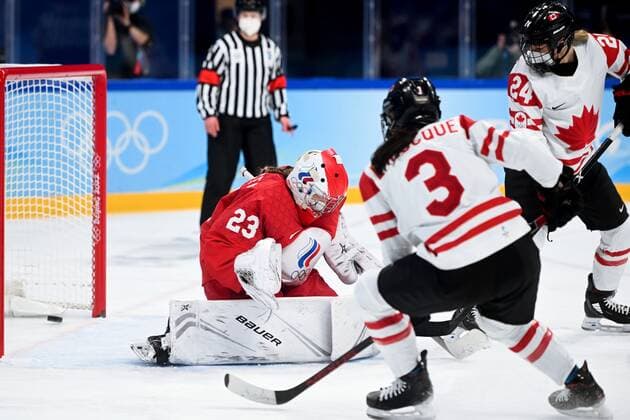 China Olympics 2022 Ice hockey, Eishockey Women ROC - Canada 8106801 07.02.2022 Russian Olympic Committee s goaltender Daria Gredzen, left, concedes a goal in the ice hockey women s preliminary round group A match between the Russian Olympic Committee s team and Canada during the Beijing 2022 Winter Olympic Games, Olympische Spiele, Olympia, OS at Wukesong Sports Centre in Beijing, China. Vladimir Astapkovich Sputnik Beijing China  Copyright: xVladimirxAstapkovichx