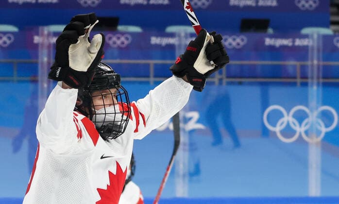 BEIJING, CHINA - FEBRUARY 7, 2022: Brianne Jenner of Canada celebrates scoring in a women s Group A Ice hockey, Eishockey match against the ROC Team at the 2022 Winter Olympic Games, Olympische Spiele, Olympia, OS at the Wukesong Sports Centre. Anton Novoderezhkin TASS  TS121B57
