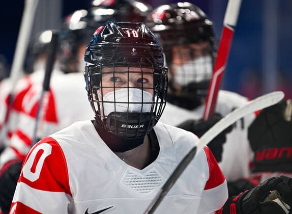 (220207) -- BEIJING, Feb. 7, 2022 -- Sarah Fillier (front) of Canada reacts before the Ice hockey, Eishockey women s preliminary round Group A match between ROC and Canada at Wukesong Sports Centre in Beijing, capital of China, Feb. 7, 2022. ) (BEIJING2022)CHINA-BEIJING-OLYMPIC Winter games, Winterspiele,Spiele, Summer games ICE HOCKEY-WOMEN S PRELIMINARY-ROC VS CANADA (CN) SongxYanhua 