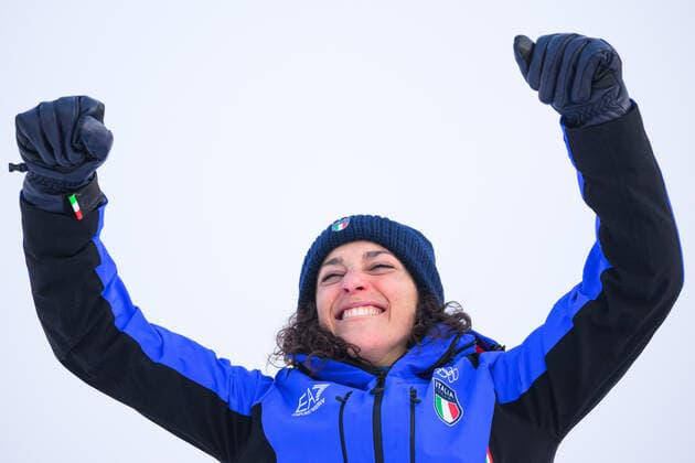 220207 Federica Brignone of Italy celebrates during the medal ceremony after women?s alpine skiing giant slalom during day 3 of the 2022 Winter Olympics on February 7, 2022 in Yanqing. Photo: Maxim Thore BILDBYRAN kod MT MT0307 alpint alpine Olympic Games, Olympische Spiele, Olympia, OS olympics winter olympics os ol olympiska spel vinter-os olympiske leker peking peking 2022 beijing 2022 beijing 2022 olympic games beijing 2022 winter olympic games peking-os beijing-ol vinter-ol 3 bbeng storslalom dag 3 dam celebration jubel Copyright: MAXIMxTHORE BB220207MT145