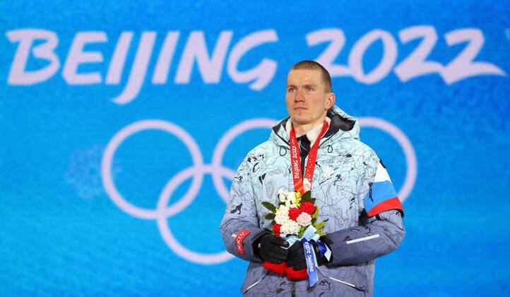 ZHANGJIAKOU, CHINA - FEBRUARY 7, 2022: ROC athlete Alexander Bolshunov celebrates his gold medal during the men s 15km+15km skiathlon victory ceremony at the Medal Plaza as part of the 2022 Winter Olympic Games, Olympische Spiele, Olympia, OS Sergei Bobylev TASS  TS121C79
