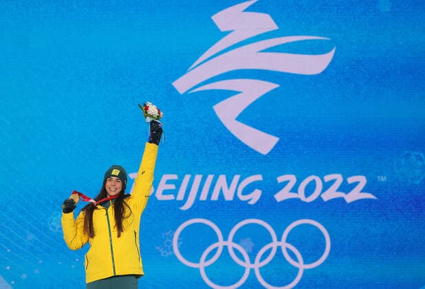 ZHANGJIAKOU, CHINA - FEBRUARY 7, 2022: Athlete Jakara Anthony of Australia celebrates her gold medal during the women s moguls victory ceremony at the Medal Plaza as part of the 2022 Winter Olympic Games, Olympische Spiele, Olympia, OS Sergei Bobylev TASS  TS121C81