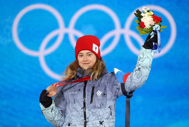 ZHANGJIAKOU, CHINA - FEBRUARY 7, 2022: ROC athlete Anastasia Smirnova celebrates her bronze medal during the women s moguls victory ceremony at the Medal Plaza as part of the 2022 Winter Olympic Games, Olympische Spiele, Olympia, OS Sergei Bobylev TASS  TS121C86