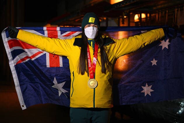 BEIJING WINTER OLYMPICS 2022, Jakara Anthony of Australia poses for a photograph after receiving her gold medal for the Women?s Moguls, at Zhangjiakou, during the 2022 Beijing Winter Olympic Games, Olympische Spiele, Olympia, OS in Beijing, China, Monday, February 7, 2022. ( NO ARCHIVING, EDITORIAL USE ONLY, NO USE IN BOOKS WITHOUT CONSENT BEIJING HEBEI CHINA Copyright: xDANxHIMBRECHTSx 20220208001620996303