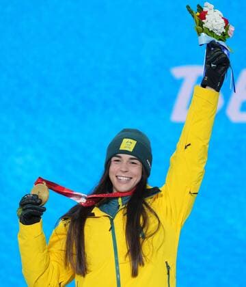 China Olympics 2022 Medal Ceremony 8107270 07.02.2022 Gold medalist Australia s Jakara Anthony celebrates on the podium during the medal ceremony for the freestyle skiing women s moguls of the Beijing 2022 Winter Olympic Games, Olympische Spiele, Olympia, OS at the Medal Plaza in Zhangjiakou, China. Pavel Bednyakov Sputnik Zhangjiakou China  Copyright: xPavelxBednyakovx