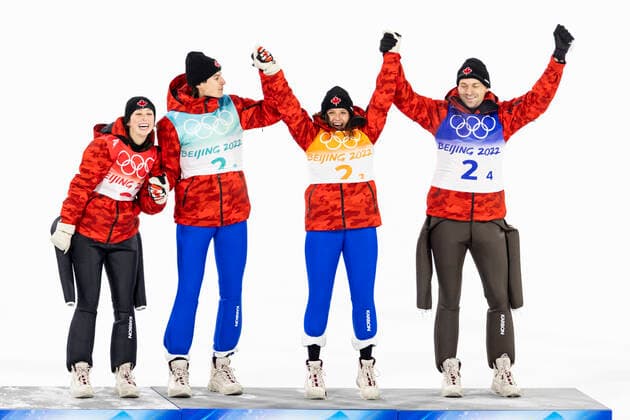 OLYMPICS - Winter Olympic Games, Olympische Spiele, Olympia, OS Beijing 2022 ZHANGJIAKOU,CHINA,07.FEB.22 - OLYMPICS, NORDIC SKIING, Ski jumping, Skispringen, Ski, nordisch - Winter Olympic Games Beijing 2022, normal hill, mixed team event. Image shows Alexandria Loutitt, Matthew Soukup, Abigail Strate, M Boyd Clowes (CAN). GEPAxpictures xPatrickxSteiner