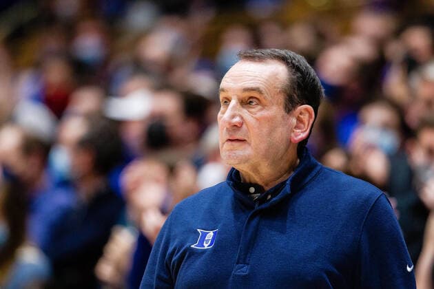 February 7, 2022: Duke Blue Devils head coach Mike Krzyzewski watches from the bench during the second half against the Virginia Cavaliers in the ACC basketball matchup at Cameron Indoor in Durham, NC. ( Cal Media) Durham United States - ZUMAc04_ 20220207_zaf_c04_105 Copyright: xScottxKinserx