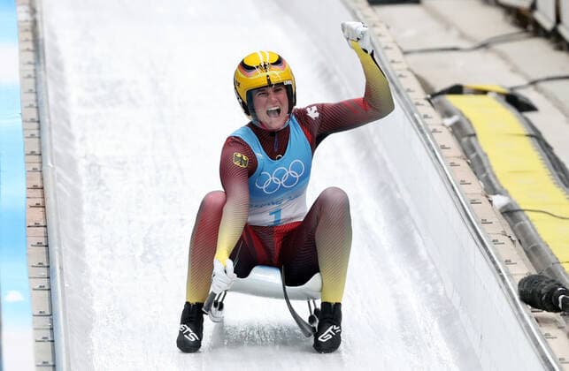BEIJING, CHINA - FEBRUARY 8, 2022: Germany s Natalie Geisenberger wins gold in the women s singles luge at the Yanqing National Sliding Centre during the 2022 Winter Olympic Games, Olympische Spiele, Olympia, OS Anton Novoderezhkin TASS  TS121FAD