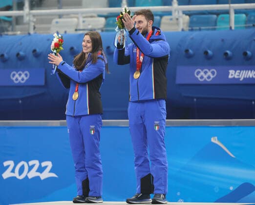 February 8, 2022, Beijing, Hebei, China: STEFANIA CONSTANTINI and AMOS MOSANER of Italy win the Mixed Doubles Gold Medal at the National Aquatics Centre on February 8th 2022 in Beijing, China Beijing China - ZUMAc179 20220208_zep_c179_082 Copyright: xMickaelxChavetx