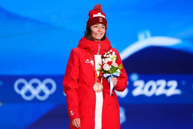 BEIJING, CHINA - FEBRUARY 08: Bronze medallist Mathilde Gremaud of Team Switzerland poses with her medal during the Women s Freestyle Skiing Freeski Big Air medal ceremony on Day 4 of the Beijing 2022 Winter Olympic Games, Olympische Spiele, Olympia, OS at Beijing Medal Plaza on February 8, 2022 in Beijing, China.  Copyright: xVCGx CFP111368320262 