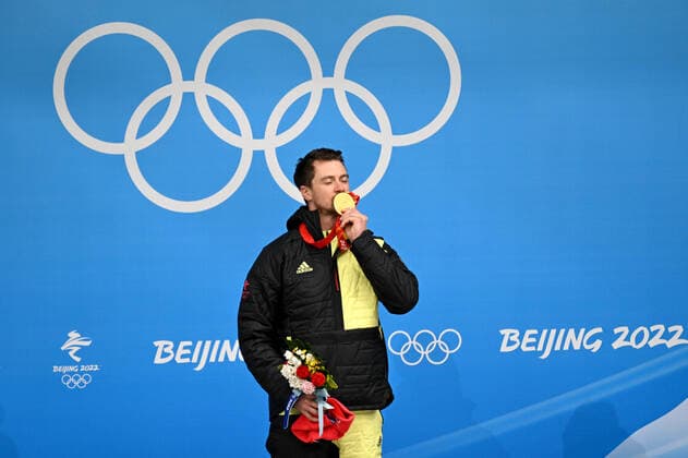 BEIJING, CHINA - FEBRUARY 06: Gold medallist Johannes Ludwig of Team Germany poses during the Men s Singles Luge medal ceremony on day two of the Beijing 2022 Winter Olympic Games, Olympische Spiele, Olympia, OS at National Sliding Centre on February 6, 2022 in Beijing, China.  Copyright: xVCGx CFP111368035833 