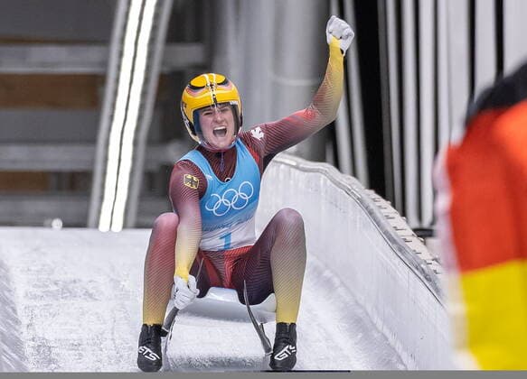 08.02.2022, National Sliding Centre, Yanqing, CHN, Olympische Winterspiele, Peking 2022, Rodeln, Einsitzer, Damen, 4. Lauf, im Bild Natalie Geisenberger (GER) Natalie Geisenberger of Germany reacts after her 4th run of women s Luge single seater competition for the Winter Olympic Games, Olympische Spiele, Olympia, OS Beijing 2022. National Sliding Centre in Yanqing, China on 2022 02 08. Expa Yanqing