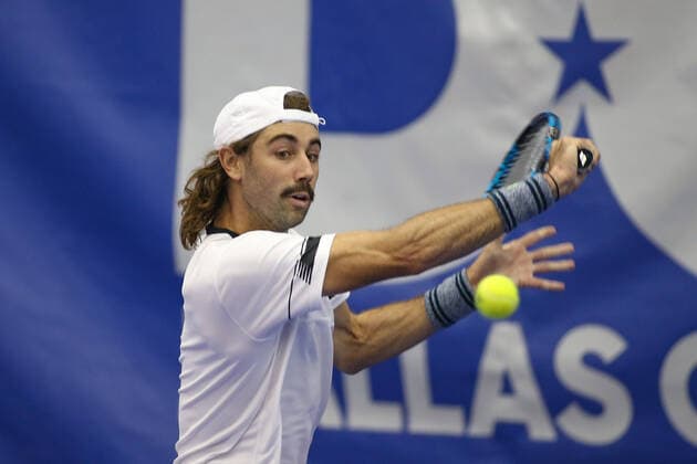 DALLAS, TX - FEBRUARY 08: Jordan Thompson (AUS) hits a backhand during the Dallas Open on February 8, 2022 at the Styslinger Altec Tennis Complex in Dallas, TX. (Photo by George Walker Icon Sportswire) TENNIS: FEB 08 Dallas Open Icon22020810