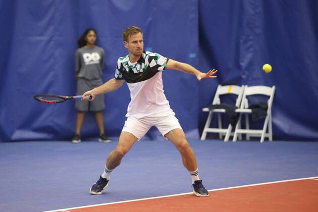 DALLAS, TX - FEBRUARY 08: Peter Gojowczyk (GER) hits a forehand during the Dallas Open on February 8, 2022 at the Styslinger Altec Tennis Complex in Dallas, TX. (Photo by George Walker Icon Sportswire) TENNIS: FEB 08 Dallas Open Icon22020816