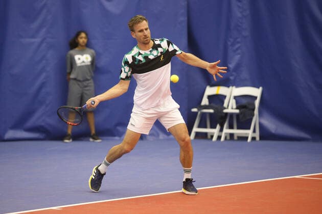 DALLAS, TX - FEBRUARY 08: Peter Gojowczyk (GER) hits a forehand during the Dallas Open on February 8, 2022 at the Styslinger Altec Tennis Complex in Dallas, TX. (Photo by George Walker Icon Sportswire) TENNIS: FEB 08 Dallas Open Icon22020817