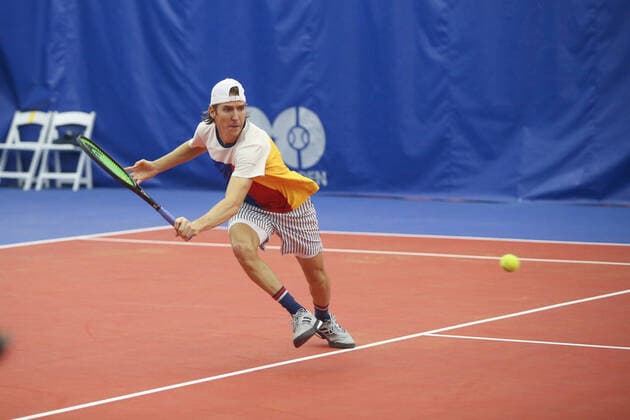 DALLAS, TX - FEBRUARY 08: Cedrik-Marcel Stebe (GER) hits a backhand during the Dallas Open on February 8, 2022 at the Styslinger Altec Tennis Complex in Dallas, TX. (Photo by George Walker Icon Sportswire) TENNIS: FEB 08 Dallas Open Icon22020828