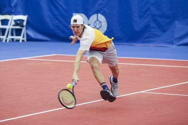 DALLAS, TX - FEBRUARY 08: Cedrik-Marcel Stebe (GER) hits a backhand during the Dallas Open on February 8, 2022 at the Styslinger Altec Tennis Complex in Dallas, TX. (Photo by George Walker Icon Sportswire) TENNIS: FEB 08 Dallas Open Icon22020829
