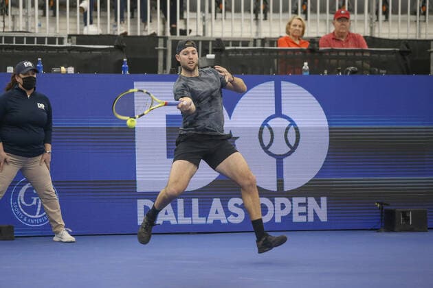 DALLAS, TX - FEBRUARY 08: Jack Sock (USA) hits a forehand during the Dallas Open on February 8, 2022 at the Styslinger Altec Tennis Complex in Dallas, TX. (Photo by George Walker Icon Sportswire) TENNIS: FEB 08 Dallas Open Icon22020835