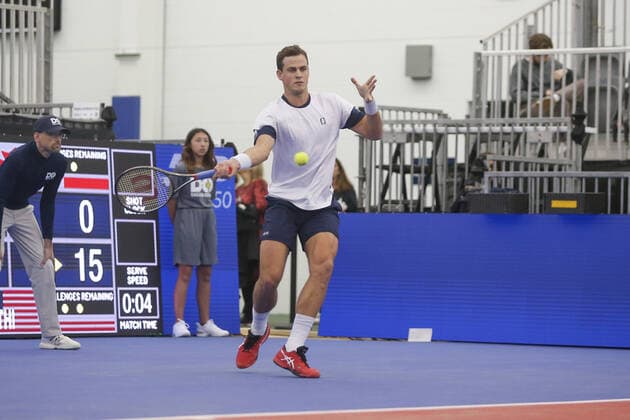 DALLAS, TX - FEBRUARY 08: Vasek Pospisil (CAN) hits a forehand during the Dallas Open on February 8, 2022 at the Styslinger Altec Tennis Complex in Dallas, TX. (Photo by George Walker Icon Sportswire) TENNIS: FEB 08 Dallas Open Icon22020843