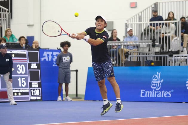 DALLAS, TX - FEBRUARY 08: Yoshihito Nishioka (JPN) hits a backhand during the Dallas Open on February 8, 2022 at the Styslinger Altec Tennis Complex in Dallas, TX. (Photo by George Walker Icon Sportswire) TENNIS: FEB 08 Dallas Open Icon22020847