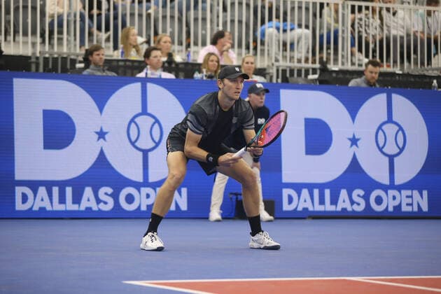 DALLAS, TX - FEBRUARY 08: Mitchell Krueger (USA) prepares to return serve during the Dallas Open on February 8, 2022 at the Styslinger Altec Tennis Complex in Dallas, TX. (Photo by George Walker Icon Sportswire) TENNIS: FEB 08 Dallas Open Icon22020850