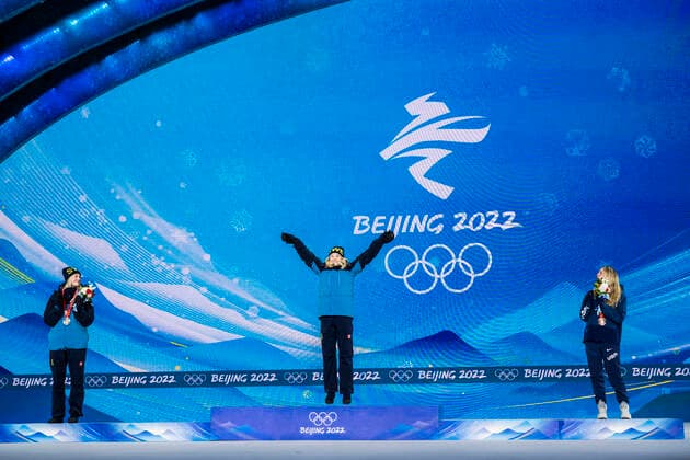 220209 Maja Dahlqvist of Sweden, Jonna Sundling of Sweden and Jessie Diggins of USA celebrate at the medal ceremony for women s cross-country skiing sprint during day 5 of the 2022 Winter Olympics on February 9, 2022 in Zhangjiakou. Photo: Jon Olav Nesvold BILDBYRAN COP 217 JE0033 skidor cross-country skiing langrenn Olympic Games, Olympische Spiele, Olympia, OS olympics winter olympics os ol olympiska spel vinter-os olympiske leker peking peking 2022 beijing 2022 beijing 2022 olympic games beijing 2022 winter olympic games peking-os beijing-ol vinter-ol 5 bbeng medaljeseremoni medaljceremoni medal ceremony jubel Copyright: JONxOLAVxNESVOLD BB220209JE075