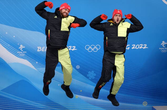 BEIJING, CHINA - FEBRUARY 9, 2022: Silver medalists Toni Eggert (L) and Sascha Benecken of Germany at a flower ceremony for the men s luge doubles at the 2022 Winter Olympic Games, Olympische Spiele, Olympia, OS at the Yanqing National Sliding Centre. Anton Novoderezhkin TASS  TS12222B