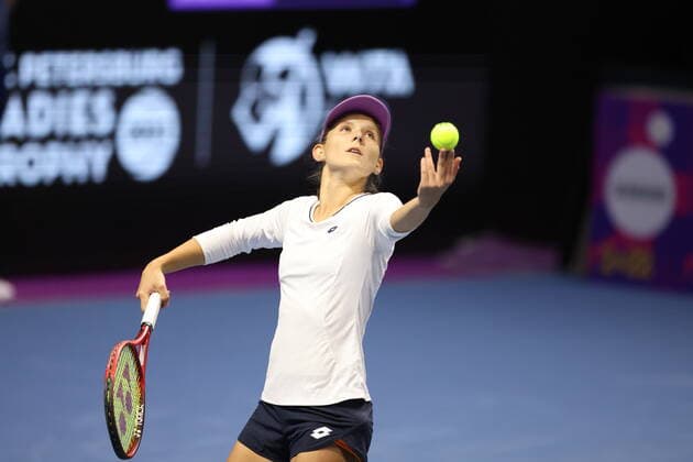 Saint Petersburg, Russia - 09 february 2022: Varvara Gracheva of Russia play against Elena Rybakina of Kazahstan during the St.Petersburg Ladies Trophy 2022 tennis tournament. MaksimxKonstantinov