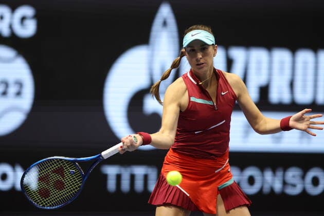 Saint Petersburg, Russia - 09 february 2022: Belinda Bencic of Switzerland play against Kaja Juvan of Slovenia during the St.Petersburg Ladies Trophy 2022 tennis tournament. Belinda Bencic MaksimxKonstantinov
