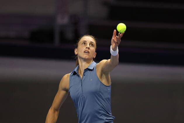 Saint Petersburg, Russia - 09 february 2022: Petra Martic of Croatia play against Elise Mertens of Belgium during the St.Petersburg Ladies Trophy 2022 tennis tournament. Petra Martic MaksimxKonstantinov