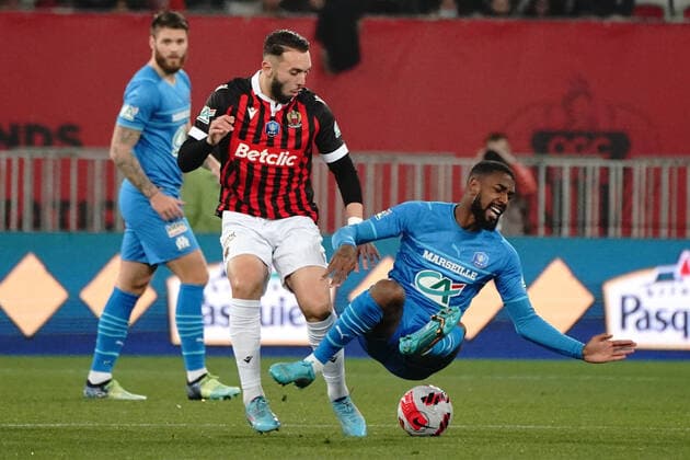 Amine Gouiri (OGC Nice) - Gerson Santos Da Silva (Olympique de Marseille) FOOTBALL : OGC Nice vs Marseille - 1 4 de finale de coupe de France - Nice - 09 02 2022 NorbertScanella Panoramic 