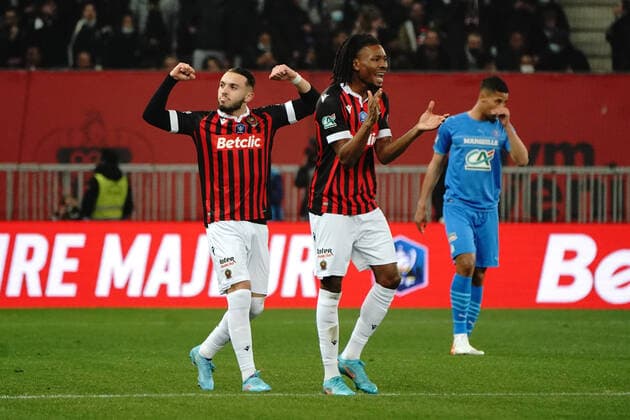 Joie - Amine Gouiri (OGC Nice) - Khephren Thuram (OGC Nice) FOOTBALL : OGC Nice vs Marseille - 1 4 de finale de coupe de France - Nice - 09 02 2022 NorbertScanella Panoramic 