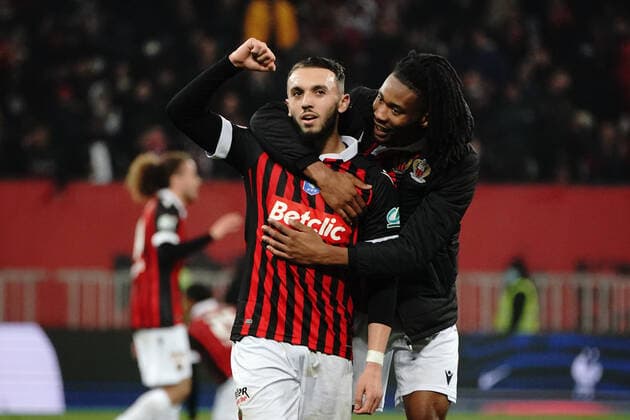Joie - Amine Gouiri (OGC Nice) - Khephren Thuram (OGC Nice) FOOTBALL : OGC Nice vs Marseille - 1 4 de finale de coupe de France - Nice - 09 02 2022 NorbertScanella Panoramic 