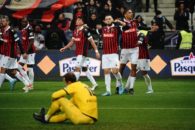 Joie - Amine Gouiri (OGC Nice) - deceprion - Pau Lopez (Olympique de Marseille) FOOTBALL : OGC Nice vs Marseille - 1 4 de finale de coupe de France - Nice - 09 02 2022 NorbertScanella Panoramic 
