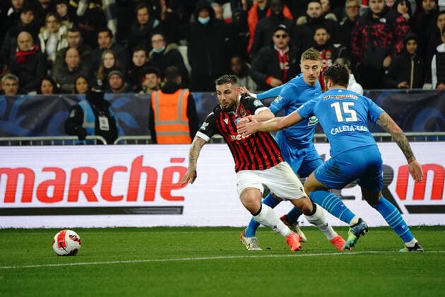 Andy Delort (OGC Nice) - Duje Caleta Car (Olympique de Marseille) FOOTBALL : OGC Nice vs Marseille - 1 4 de finale de coupe de France - Nice - 09 02 2022 NorbertScanella Panoramic 
