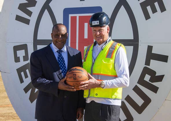 February 9, 2022, Inglewood, California, USA: Inglewood Mayor James T. Butts and Clippers consultant Jerry West pose at Center Court of the Intuit Dome which is under construction and future home of the Los Angeles Clippers on Wednesday February 9, 2022 at the Inuit Dome site in Inglewood, California. PI Inglewood USA - ZUMAp124 20220209_zaa_p124_014 Copyright: xJAVIERxROJASx